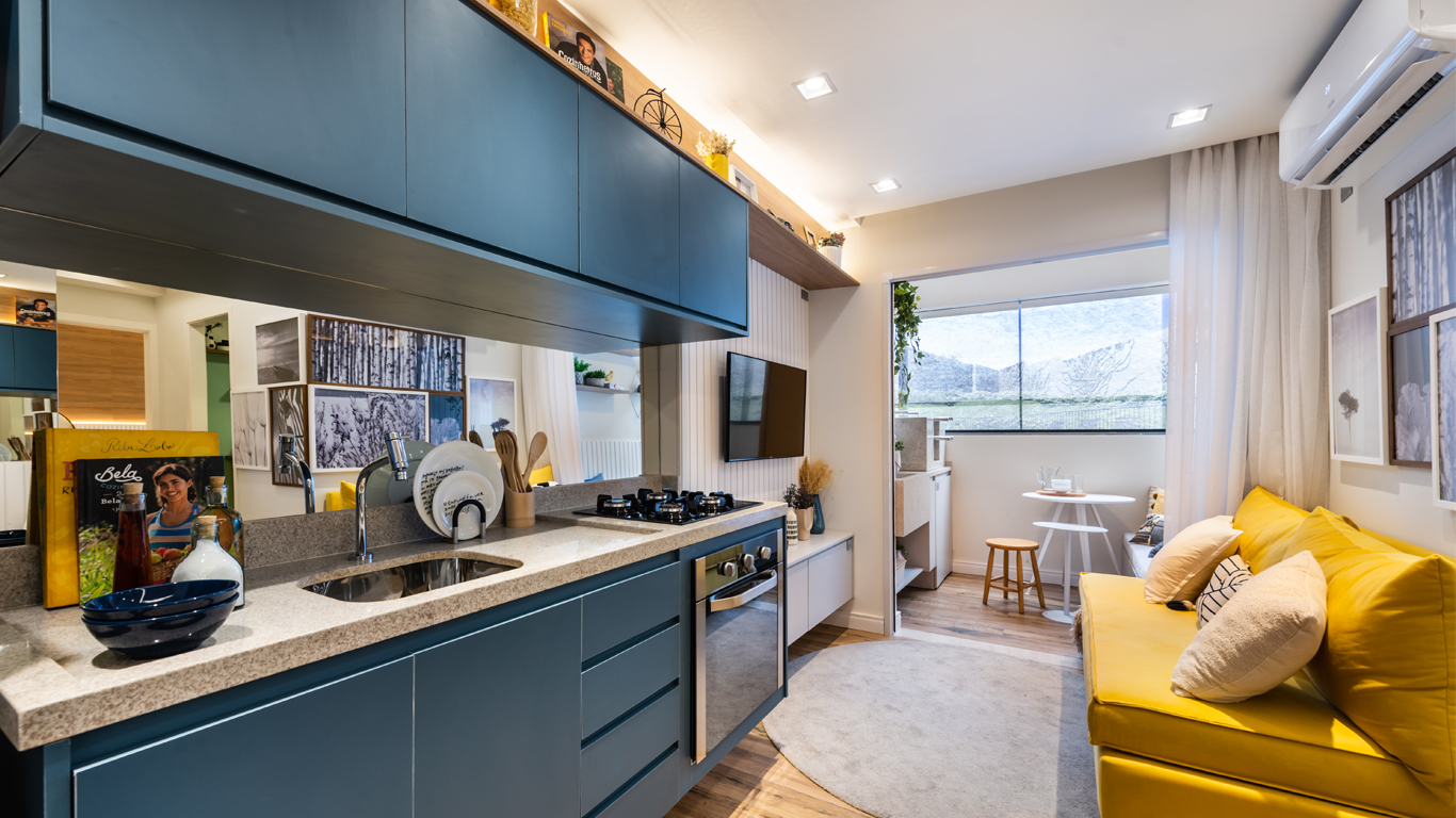 Cozinha, Sala e Varanda do Apartamento Decorado